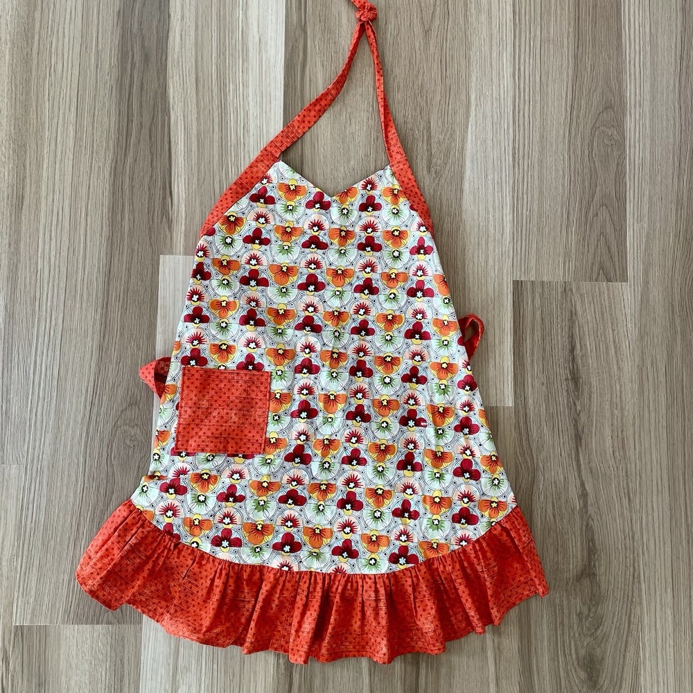 Retro Style Floral Print Handmade Apron Pocket Ruffle Trim Tie Back Cottage Mod